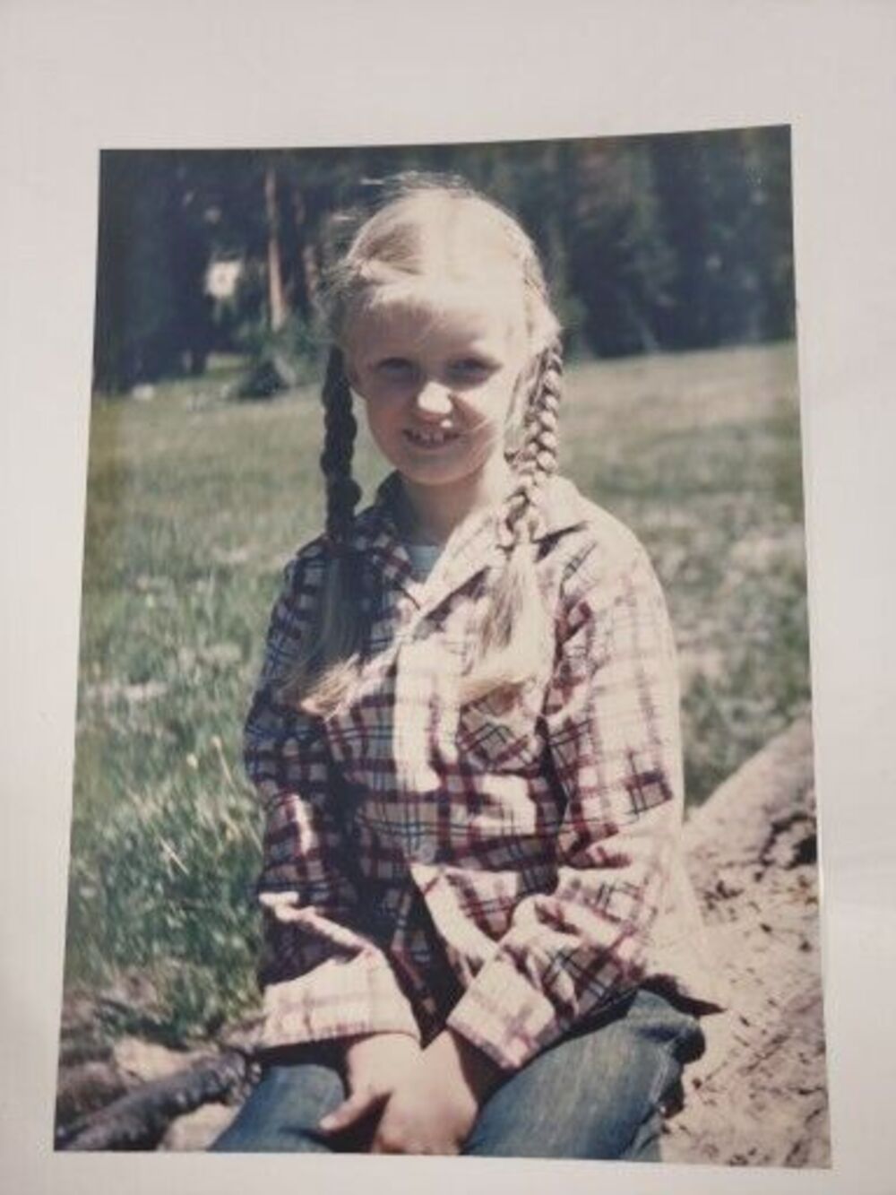 Vintage Photo Young Blonde Girl Posing Braids Pigtails Plaid Shirt Color